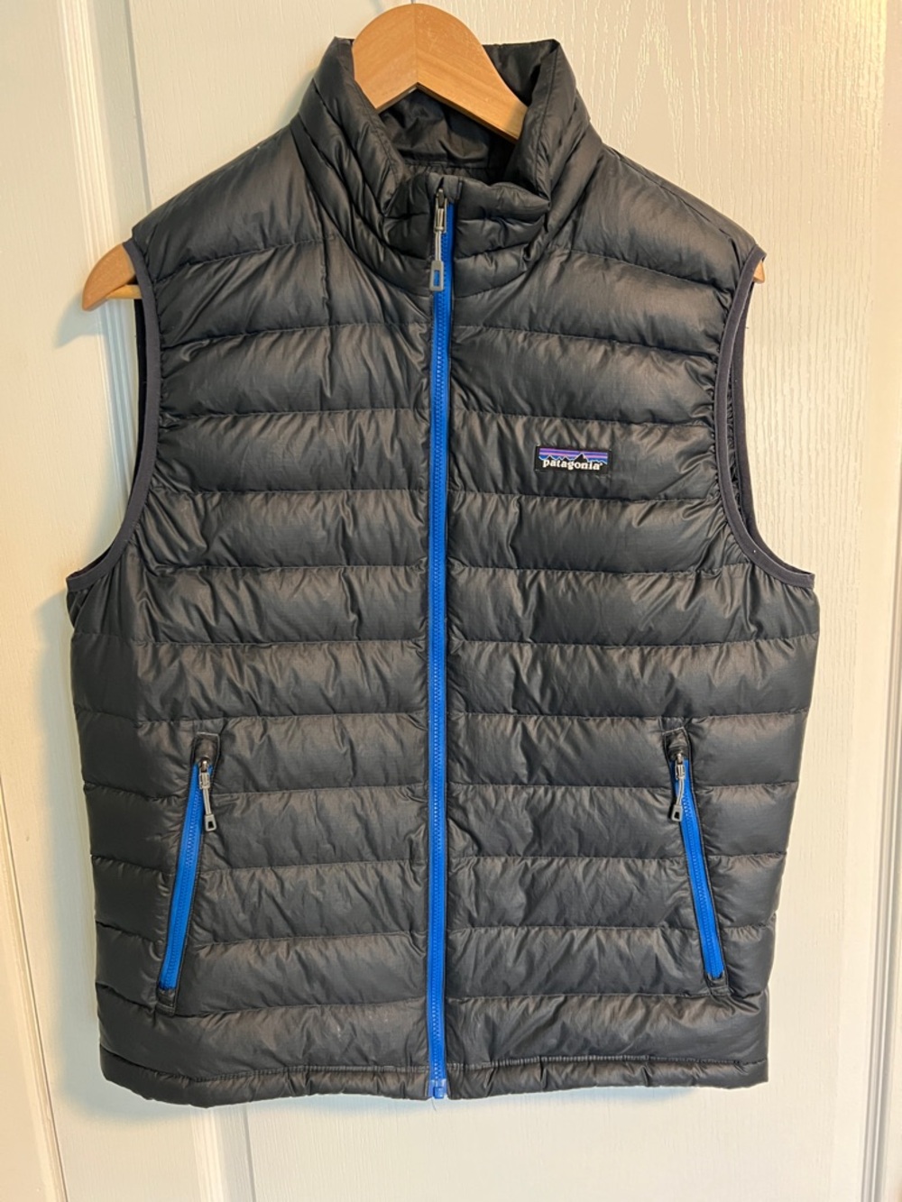 Patagonia Men's Gray Lightweight Down Vest with Blue Trim